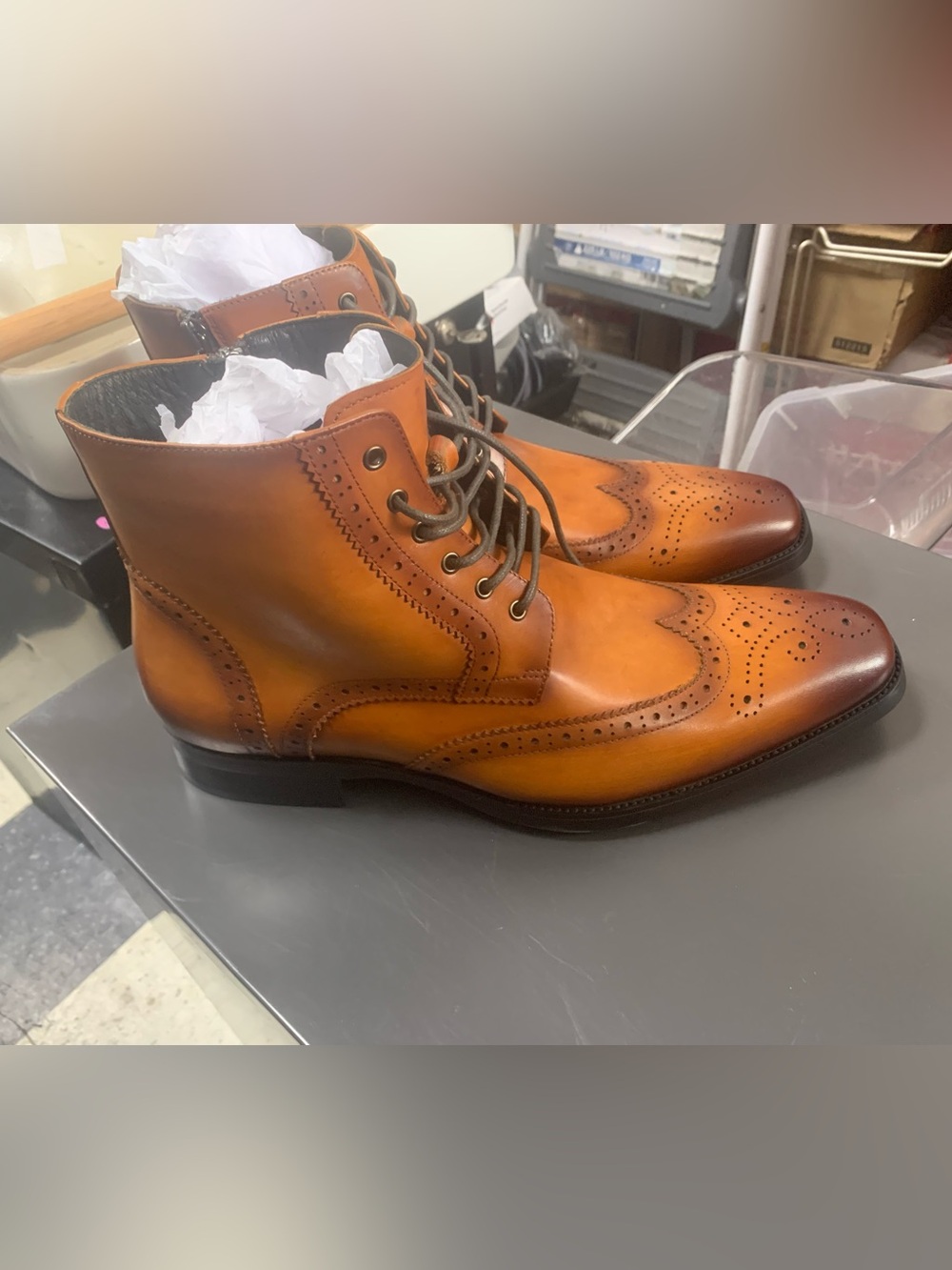 Brand New No Box Gifennse Men's Tan Leather Wingtip Lace-Up Boots